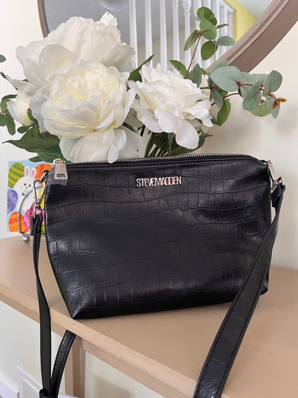 Steve Madden Black Croc-Embossed Crossbody Bag with Silver Hardware NWOT